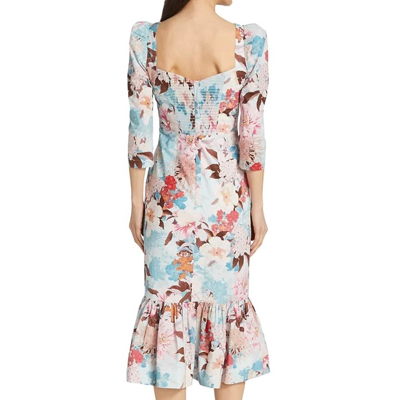 NWT Cara Cara Busy Puff-Sleeve Midi-Dress Japanese Floral blue - Picture 7 of 14